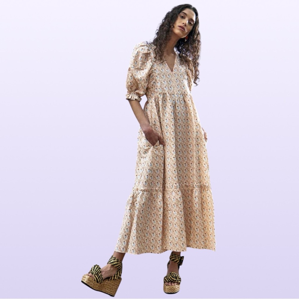 hunter bell M palmer tiered maxi dress floral tulip linen blend puff sleeve
